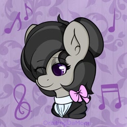 Size: 1000x1000 | Tagged: safe, artist:orbitingdamoon, imported from derpibooru, octavia melody, earth pony, pony, alternate hairstyle, bust, clothes, eye clipping through hair, female, hair over one eye, smiling, solo