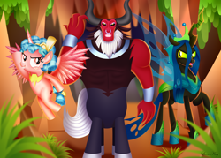 Size: 3500x2500 | Tagged: safe, artist:leonkay, imported from derpibooru, cozy glow, lord tirek, queen chrysalis, alicorn, centaur, changeling, changeling queen, pony, taur, the ending of the end, alicornified, cozycorn, female, filly, foal, high res, male, nose piercing, nose ring, piercing, pointing, race swap, septum piercing, shiny, signature, trio, ultimate chrysalis