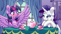 Size: 3840x2160 | Tagged: safe, artist:vladivoices, imported from derpibooru, rarity, twilight sparkle, alicorn, pony, unicorn, fanfic:twilight sparkle has a type, animatic, blushing, cup, duo, female, high res, lidded eyes, mare, multiple variants, spread wings, table, tea kettle, teacup, twilight sparkle (alicorn), wingboner, wings
