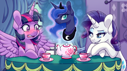 Size: 3840x2160 | Tagged: safe, alternate version, artist:vladivoices, imported from derpibooru, princess luna, rarity, twilight sparkle, alicorn, pony, unicorn, fanfic:twilight sparkle has a type, animatic, blushing, cup, female, high res, implied lesbian, implied shipping, implied twiluna, lidded eyes, mare, multiple variants, spread wings, table, tea kettle, teacup, trio, twilight sparkle (alicorn), wingboner, wings