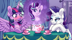 Size: 3840x2160 | Tagged: safe, alternate version, artist:vladivoices, imported from derpibooru, rarity, starlight glimmer, twilight sparkle, alicorn, pony, unicorn, fanfic:twilight sparkle has a type, alternate character, animatic, blushing, cup, female, high res, implied lesbian, implied shipping, implied twistarlight, lidded eyes, mare, multiple variants, spread wings, table, tea kettle, teacup, twilight sparkle (alicorn), wingboner, wings
