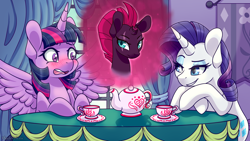 Size: 3840x2160 | Tagged: safe, alternate version, artist:vladivoices, imported from derpibooru, rarity, tempest shadow, twilight sparkle, alicorn, pony, unicorn, fanfic:twilight sparkle has a type, alternate character, animatic, blushing, broken horn, cup, eye scar, female, high res, horn, implied tempestlight, lidded eyes, mare, multiple variants, scar, spread wings, table, tea kettle, teacup, twilight sparkle (alicorn), wingboner, wings