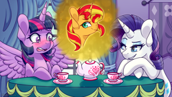 Size: 3840x2160 | Tagged: safe, alternate version, artist:vladivoices, imported from derpibooru, rarity, sunset shimmer, twilight sparkle, alicorn, pony, unicorn, fanfic:twilight sparkle has a type, alternate character, animatic, blushing, cup, female, high res, implied lesbian, implied shipping, implied sunsetsparkle, lidded eyes, mare, multiple variants, spread wings, table, tea kettle, teacup, twilight sparkle (alicorn), wingboner, wings