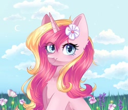 Size: 1114x960 | Tagged: safe, artist:freyamilk, imported from derpibooru, oc, oc only, pony, unicorn, female, flower, flower in hair, horn, meadow, solo, unicorn oc