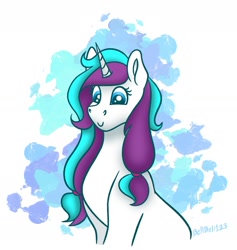 Size: 1860x1963 | Tagged: safe, artist:bella-pink-savage, imported from derpibooru, oc, oc only, oc:ice gaze, pony, unicorn, abstract background, c:, female, horn, mare, signature, simple background, smiling, solo, two toned mane, unicorn oc, white background