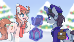 Size: 1920x1080 | Tagged: safe, artist:vladivoices, imported from derpibooru, oc, oc only, pony, unicorn, christmas, christmas tree, clipboard, clothes, duo, glowing, glowing horn, hat, heterochromia, holiday, horn, magic, mailpony, present, scarf, smiling, snow, telekinesis, tree, unicorn oc, winter hat