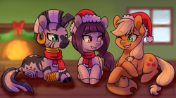 Size: 1945x1080 | Tagged: safe, artist:vladivoices, imported from derpibooru, applejack, zecora, oc, earth pony, pony, zebra, christmas, clothes, earth pony oc, fire, fireplace, hat, holiday, santa hat, scarf, trio