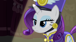 Size: 1280x720 | Tagged: safe, imported from derpibooru, screencap, rarity, pony, unicorn, season 4, testing testing 1-2-3, ancient wonderbolts uniform, clothes, lidded eyes, rarity is not amused, reaction image, sgt. rarity, solo, unamused, uniform