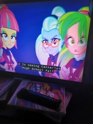 Size: 3000x4000 | Tagged: safe, imported from derpibooru, lemon zest, sour sweet, sugarcoat, equestria girls, friendship games, female, hand on hip, photo, picture of a screen, subtitles, unleash the magic