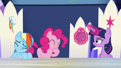 Size: 1280x720 | Tagged: safe, imported from derpibooru, screencap, pinkie pie, rainbow dash, twilight sparkle, alicorn, earth pony, pegasus, pony, 28 pranks later, season 6, ^^, about to laugh, cute, cutie map, diapinkes, eyes closed, female, prank, pranked, scrunchy face, this will end in laughs, trio, trio female, twilight sparkle (alicorn), twilight sparkle is not amused, unamused, whoopee cushion