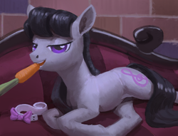 Size: 5208x3987 | Tagged: safe, artist:rhorse, octavia melody, earth pony, pony, carrot, couch, ear fluff, female, food, lidded eyes, looking at you, lying down, mare, mouth hold, music notes, necktie, open mouth, solo, teeth, whiskers
