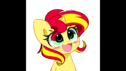 Size: 1280x720 | Tagged: safe, artist:kittyrosie, edit, imported from derpibooru, sunset shimmer, pony, unicorn, equestria girls, :3, animated, cute, cute little fangs, fangs, fifteen.ai, ohayou face, open mouth, shimmerbetes, simple background, webm, white background