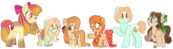 Size: 1280x364 | Tagged: safe, artist:maximumpiracy, apple bloom, oc, oc only, oc:aurora golden gala, oc:cinnamon apple bun, oc:golden delicious, oc:peach fuzz, oc:smerelda apple, earth pony, pony, adopted offspring, base used, bow, earth pony oc, female, filly, foal, hair bow, mare, offspring, older, older apple bloom, parent:apple bloom, parent:button mash, parent:carrot crunch, parent:sweetie belle, parents:crunchbloom, parents:sweetiemash, simple background, transparent background