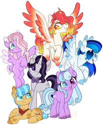Size: 1280x1551 | Tagged: safe, artist:maximumpiracy, imported from derpibooru, oc, oc only, alicorn, earth pony, pegasus, pony, unicorn, alicorn oc, base used, earth pony oc, eyepatch, female, heterochromia, horn, magical lesbian spawn, male, mare, neckerchief, offspring, parent:fluttershy, parent:inky rose, parent:king sombra, parent:pinkie pie, parent:princess cadance, parent:princess celestia, parent:rarity, parent:shining armor, parent:starlight glimmer, parent:trixie, parents:celestibra, parents:shiningcadance, parents:trixiepie, simple background, stallion, story included, transparent background, unicorn oc, wings