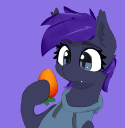 Size: 913x935 | Tagged: safe, artist:zebra, oc, oc only, bat pony, clothes, fangs, food, hoodie, hoof hold, mango, solo