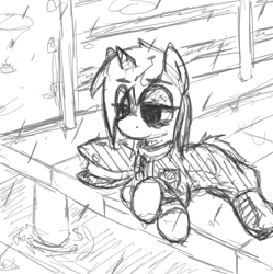 Size: 731x733 | Tagged: safe, artist:zebra, oc, oc:officer lyra, bags under eyes, boots, clothes, dock, jacket, lying down, pier, rain, rainjacket, shoes, solo, tired, water