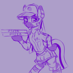 Size: 777x777 | Tagged: safe, artist:zebra, oc, oc only, baseball cap, bipedal, blushing, cap, clothes, delivery, food, hat, looking at you, pizza, pizza delivery, shirt, shorts, solo, tongue out