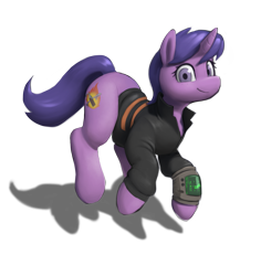 Size: 1417x1501 | Tagged: safe, artist:stardep, oc, oc:juniper locke, pony, unicorn, fallout equestria, banned from derpibooru, clothes, female, jacket, mare, paywalled source, simple background, smiling at you, solo, transparent background, trotting