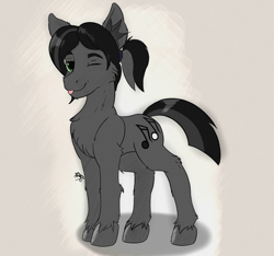 Size: 1797x1685 | Tagged: safe, artist:levinerex, imported from derpibooru, oc, oc only, earth pony, pony, :p, chest fluff, ear fluff, gray background, green eyes, male, one eye closed, ponytail, simple background, stallion, standing, tongue out, wink