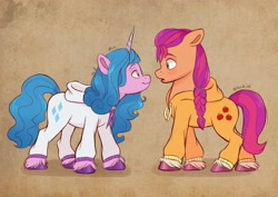 Size: 4096x2896 | Tagged: safe, artist:artharuhi, imported from derpibooru, applejack, izzy moonbow, rarity, sunny starscout, earth pony, pony, unicorn, blushing, clothes, commissioner:raritybro, counterparts, cute, duo, female, floppy ears, g5, hoodie, implied izzyscout, implied lesbian, implied rarijack, implied shipping, izzyscout, lesbian, look-alike, looking at each other, looking at someone, my little pony: a new generation, shipping, simple background, smiling, unshorn fetlocks