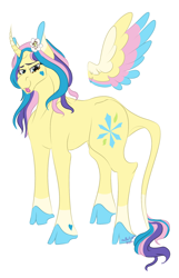 Size: 1194x1858 | Tagged: safe, artist:chronicallycryptic, imported from derpibooru, princess gold lily, alicorn, pony, curved horn, horn, leonine tail, redesign, simple background, solo, tail, white background