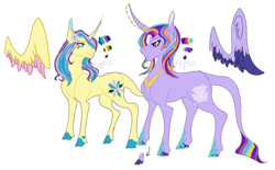 Size: 1137x703 | Tagged: safe, artist:chronicallycryptic, imported from derpibooru, princess gold lily, princess sterling, alicorn, pony, curved horn, duo, duo female, female, frown, horn, leonine tail, mare, redesign, simple background, smiling, tail, white background