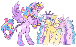 Size: 540x337 | Tagged: safe, artist:plushiepoms, imported from derpibooru, princess gold lily, princess sterling, alicorn, duo, duo female, female, floppy ears, jewelry, leonine tail, looking back, mare, regalia, siblings, simple background, sisters, tail, transparent background