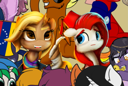 Size: 1161x778 | Tagged: safe, artist:nicolaykoriagin, imported from derpibooru, doctor whooves, time turner, oc, oc:gallop crush, pegasus, pony, unicorn, derpibooru community collaboration, 2022 community collab, clothes, doctor who, fez, fourth doctor's scarf, hat, high res, scarf, sonic screwdriver, striped scarf