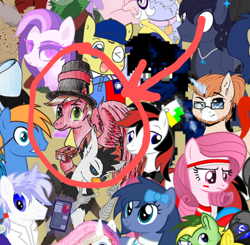 Size: 576x564 | Tagged: safe, derpibooru exclusive, imported from derpibooru, oc, oc only, oc:annisa trihapsari, oc:didgeree, oc:foxy whooves, oc:professor venturer, oc:rozyfly, griffon, pegasus, pony, unicorn, derpibooru community collaboration, pony town, 2022 community collab, hat, looking at each other, looking at someone, looking at you, smiling, smiling at you