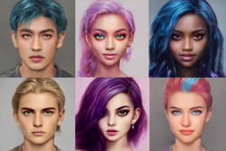 Size: 3828x2550 | Tagged: safe, editor:diameltzowo, imported from derpibooru, hitch trailblazer, izzy moonbow, pipp petals, sprout cloverleaf, sunny starscout, zipp storm, human, blonde, blue eyes, blue hair, blushing, bust, curly hair, cyan hair, dark skin, ear piercing, earring, eyebrows, female, g5, green eyes, group, hazel eyes, high res, humanized, jewelry, lipstick, looking at you, looking up, male, mane five (g5), multicolored hair, new mane six (g5), photo, piercing, pink hair, portrait, purple eyes, purple hair, realistic, smiling