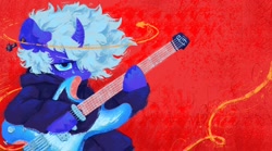 Size: 2048x1142 | Tagged: safe, artist:astroeden, imported from derpibooru, oc, oc only, oc:can opener, pony, unicorn, alexandre cabanel, cross, crying, electric guitar, fallen angel, fine art parody, fish whisperer, guitar, halo, inverted cross, magic, musical instrument, red background, simple background, solo, song art, vylet pony