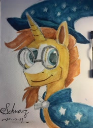 Size: 2862x3912 | Tagged: safe, artist:schwarz, imported from derpibooru, sunburst, unicorn, clothes, glasses, hat, high res, traditional art, watercolor painting, wizard, wizard hat