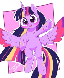 Size: 1686x2048 | Tagged: safe, artist:leo19969525, imported from derpibooru, twilight sparkle, alicorn, pony, blushing, colored wings, cute, ears, female, flying, horn, mare, multicolored mane, multicolored wings, open mouth, open smile, rainbow power, smiling, solo, tail, twiabetes, twilight sparkle (alicorn), waving at you, wings