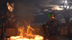 Size: 3840x2160 | Tagged: safe, artist:fireemerald123, imported from derpibooru, oc, oc only, oc:clockwork scroll, oc:unicode, anthro, 3d, armor, arrow, bow (weapon), campfire, fire, high res, moonlight, night, sitting, source filmmaker, sword, sæla, tree, weapon