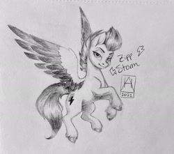 Size: 2048x1812 | Tagged: safe, artist:bluefeathercat, imported from derpibooru, zipp storm, pegasus, pony, female, g5, grayscale, mare, monochrome, solo, traditional art