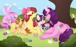 Size: 3500x2200 | Tagged: source needed, useless source url, safe, artist:roselord, imported from derpibooru, apple bloom, sugar belle, oc, oc:deliambre, oc:doe eye, oc:french vanilla, earth pony, pegasus, pony, unicorn, high res