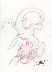 Size: 2550x3510 | Tagged: safe, artist:imalou, imported from derpibooru, oc, oc:killi thaum, original species, shark, shark pony, fangs, fins, horn, tail, traditional art