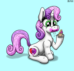 Size: 2228x2119 | Tagged: safe, artist:darkyboode32, imported from derpibooru, sweetie belle, pony, unicorn, blue background, comments locked down, crumbs, cupcake, cute, diasweetes, eating, female, filly, foal, food, messy eating, simple background, sitting, solo