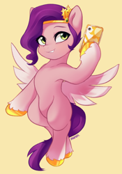 Size: 1706x2443 | Tagged: safe, artist:maren, imported from derpibooru, pipp petals, pegasus, pony, adorapipp, bipedal, cellphone, cute, female, flying, g5, grin, high res, mare, markings, phone, simple background, smartphone, smiling, solo, spread wings, unshorn fetlocks, wings, yellow background