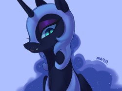 Size: 2732x2048 | Tagged: safe, artist:maren, imported from derpibooru, nightmare moon, alicorn, pony, blue background, bust, cute, cute little fangs, eyeshadow, fangs, female, helmet, jewelry, looking at you, makeup, mare, moonabetes, regalia, simple background, solo