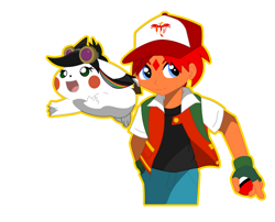 Size: 1024x829 | Tagged: safe, artist:dburch01, imported from derpibooru, oc, oc:goldenfox, oc:lightning bliss, human, pikachu, aviator goggles, baseball cap, cap, goggles, hat, poké ball, pokémon, race swap, simple background, transparent background