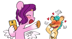 Size: 2573x1412 | Tagged: safe, artist:chub-wub, edit, imported from derpibooru, hitch trailblazer, pipp petals, earth pony, pegasus, pony, adorapipp, adorkable, blushing, cellphone, comic, cropped, cute, dork, duo, faic, female, flustered, g5, hitchpipp, iphone, male, mare, phone, shipping, smartphone, smiling, stallion, straight, waving, wings