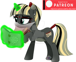 Size: 1280x1046 | Tagged: safe, artist:pure-blue-heart, imported from derpibooru, oc, oc only, oc:love poison, unicorn, deviantart watermark, female, green magic, inspiration manifestation book, levitation, magic, mare, obtrusive watermark, patreon, patreon logo, patreon reward, simple background, skull, telekinesis, transparent background, veil, watermark