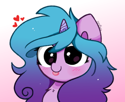 Size: 1226x1000 | Tagged: safe, artist:kittyrosie, imported from derpibooru, izzy moonbow, pony, unicorn, :p, abstract background, blushing, chest fluff, cute, female, g5, heart, izzybetes, mare, my little pony: a new generation, simple background, solo, tongue out