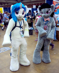 Size: 2195x2731 | Tagged: safe, artist:atalonthedeer, artist:panicpagoda, imported from derpibooru, dj pon-3, octavia melody, vinyl scratch, human, bronycon, bronycon 2014, fursuit, high res, irl, irl human, photo, ponysuit