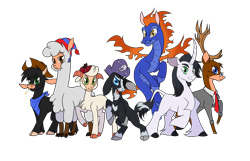 Size: 2800x1800 | Tagged: safe, artist:redahfuhrerking, imported from derpibooru, oc, oc:mandrake, oc:pennsylvania, oc:puyi, oc:salt, oc:swashbuckle, oc:tartan, oc:tweed, alpaca, bull, classical unicorn, deer, dragon, goat, hybrid, longma, sheep, unicorn, cloven hooves, glasses, leonine tail, male, ram, simple background, transparent background, unshorn fetlocks