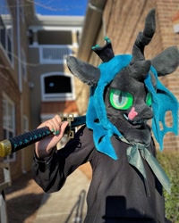 Size: 1440x1800 | Tagged: safe, artist:limeythecheetah, imported from derpibooru, queen chrysalis, human, clothes, costume, fursuit, irl, irl human, photo, solo, sword, weapon