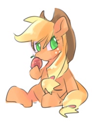 Size: 768x1024 | Tagged: safe, artist:pnpn_721, imported from derpibooru, applejack, earth pony, pony, apple, applejack's hat, cowboy hat, female, food, freckles, hat, hoof hold, looking at you, mare, simple background, sitting, solo, white background