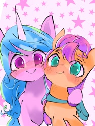 Size: 768x1024 | Tagged: safe, artist:pnpn_721, imported from derpibooru, izzy moonbow, sunny starscout, earth pony, pony, unicorn, bag, cute, duo, female, g5, izzybetes, looking at you, mare, pink background, simple background, smiling, smiling at you, starry background, stars, sunnybetes