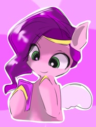 Size: 768x1024 | Tagged: safe, artist:pnpn_721, imported from derpibooru, pipp petals, pegasus, pony, adorapipp, bust, cute, female, g5, hoof hold, looking at something, mare, phone, pink background, purple background, simple background, smiling, solo